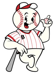 Cartoon illustration of Funny baseball ball head wearing jersey and cap, holding bat and ball, best for mascot, logo, sticker, and icon of baseball club or tournament for kids