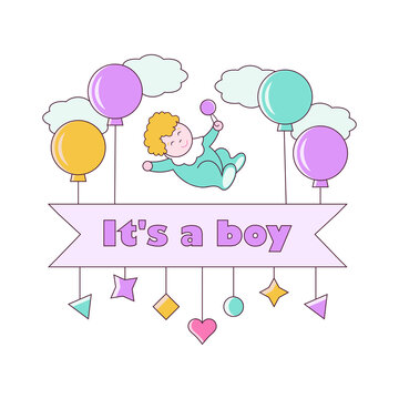 Banner with the image of a baby boy with balloons and the inscription - It's a boy