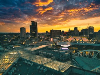 Aerial Drone shot of Birmingham City Centre which is the heart of the Birmingham Common Wealth games. - obrazy, fototapety, plakaty