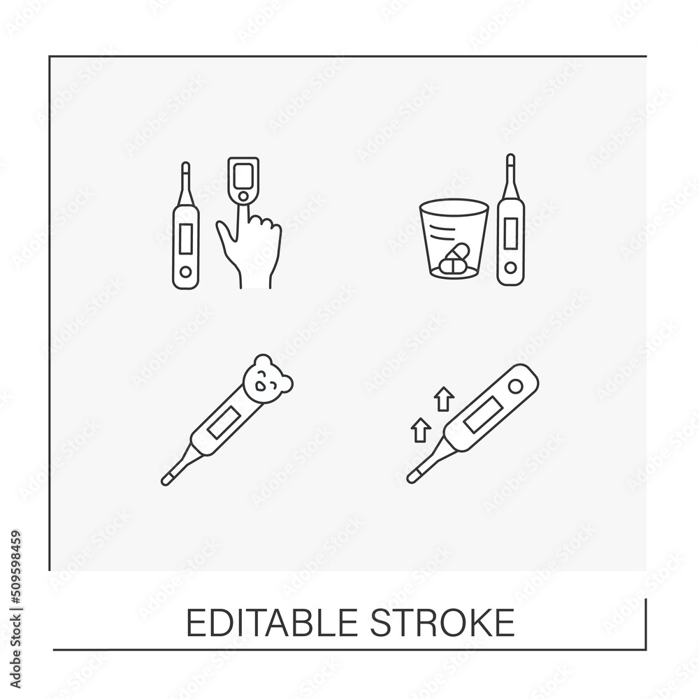 Poster electronic thermometer line icons set. control body temperature. healthcare concepts. isolated vecto