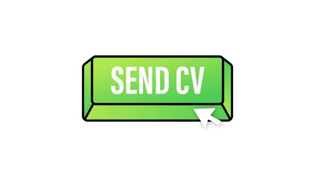 Send cv button in 3d style on blue background. Flat button on white background 4k