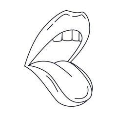 Female talking, singing or screaming open mouth. Shows the tongue. Human lips. Outline doodle. Black and white vector illustration isolated on white background