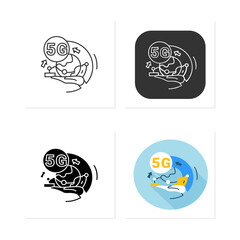 5g industry automation icons set. Fifth internet connection sign. Automatic machines and robot assistance technology.Collection of icons in linear, filled, color styles.Isolated vector illustrations