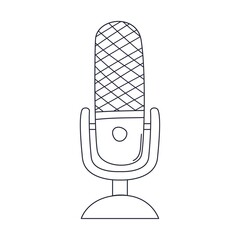 Outline wireless professional studio microphone on stand. Musical audio equipment for podcasting, singing. Linear doodle black and white vector illustration isolated on white background.