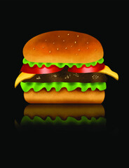 Realistic Hamburger With Cheddar And Tomato Vector İllustration Eps 10