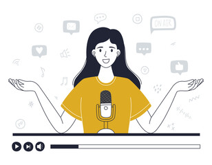 A cute girl in earphones talking into a microphone, recording a podcast. A woman with dark hair hosts an online show, tells stories. Podcasting, blogging, radio broadcasts. Outline vector illustration - obrazy, fototapety, plakaty