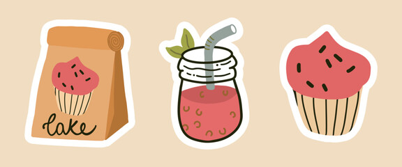 cozy stickers set - cake, drink, muffin. Collection of scrapbook elements, planner, notebook cover. isolated object