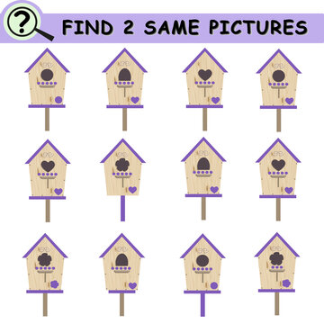 Find same pictures with cartoon birdhouses. Educational logical game for children. Vector illustration.