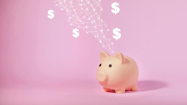 Piggy bank isolated on pink background. Saving money concept. 