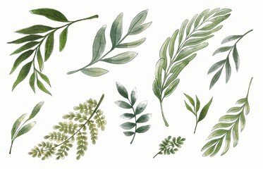 Set greenery brances isolated on white background. Watercolor hand painted illustration