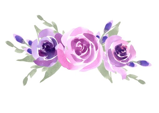 Floral bouquet with lilac roses and green leaves. Watercolor flowers, design for wedding invitations and greeting cards