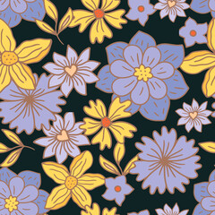 Seamless  retro style hand drawn floral pattern. High detailed flower 70s style texture. Vector illustration