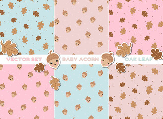 Vector set . Cute baby acorn and oak leaves semless pattern on pastel background