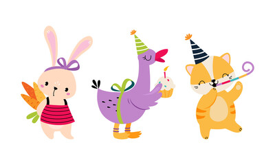 Cute Animal Congratulating with Birthday Holiday with Cupcake and Blowing Whistle Vector Set