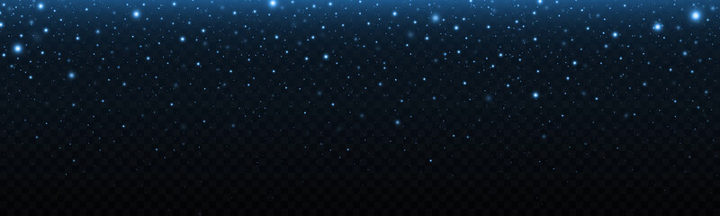 Sparkling space magical dust particles. Blue stars glitter on transparent background. Christmas shiny background.