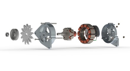 Car alternator exploded view isolated on white background, 3D rendering 