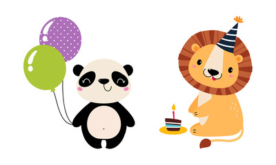 Cute Panda and Lion Animal Congratulating with Birthday Holiday with Balloons and Cake Vector Set