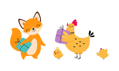 Cute Fox and Chicken Animal Congratulating with Birthday Holiday with Wrapped Gift Box Vector Set