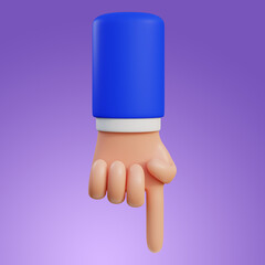 3D hand pointing index finger down. Hand showing something. Arm gesture 3d render illustration.