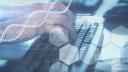 Animation of dna and scientific data processing over hands of caucasian man typing on keyboard - Powered by Adobe