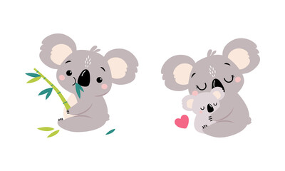 Obraz premium Adorable Koala Arboreal Australian Animal with Round Ears Chewing Eucalypt and Embracing Baby Vector Set