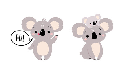 Adorable Koala Arboreal Australian Animal with Round Ears Saying Hi Waving Paw and Carrying Baby Vector Set