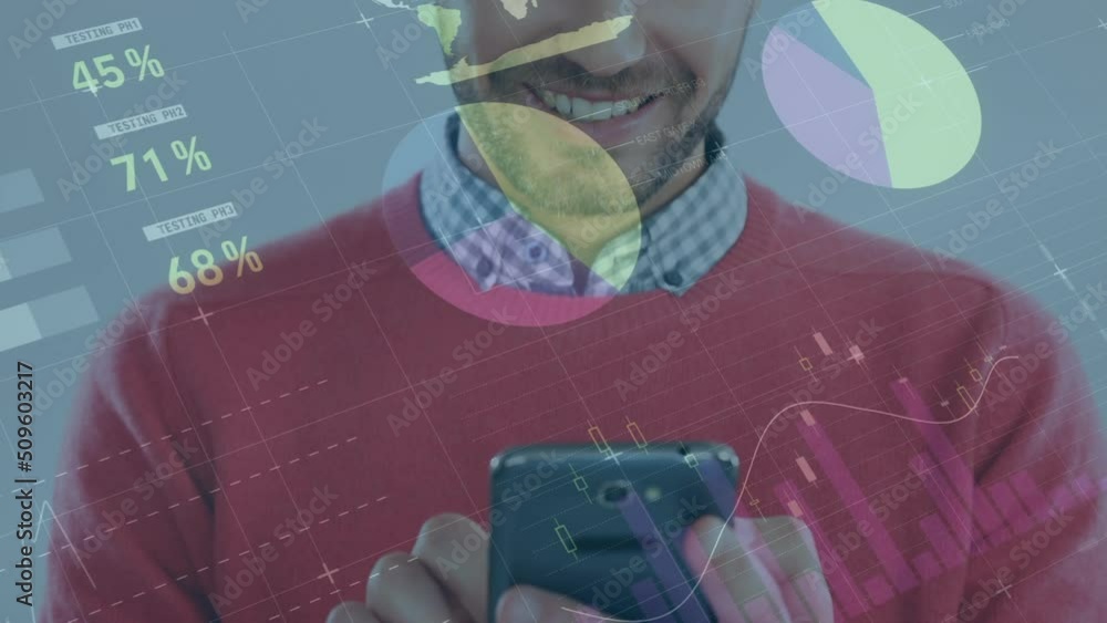 Poster animation of financial data processing over caucasian men using smartphone