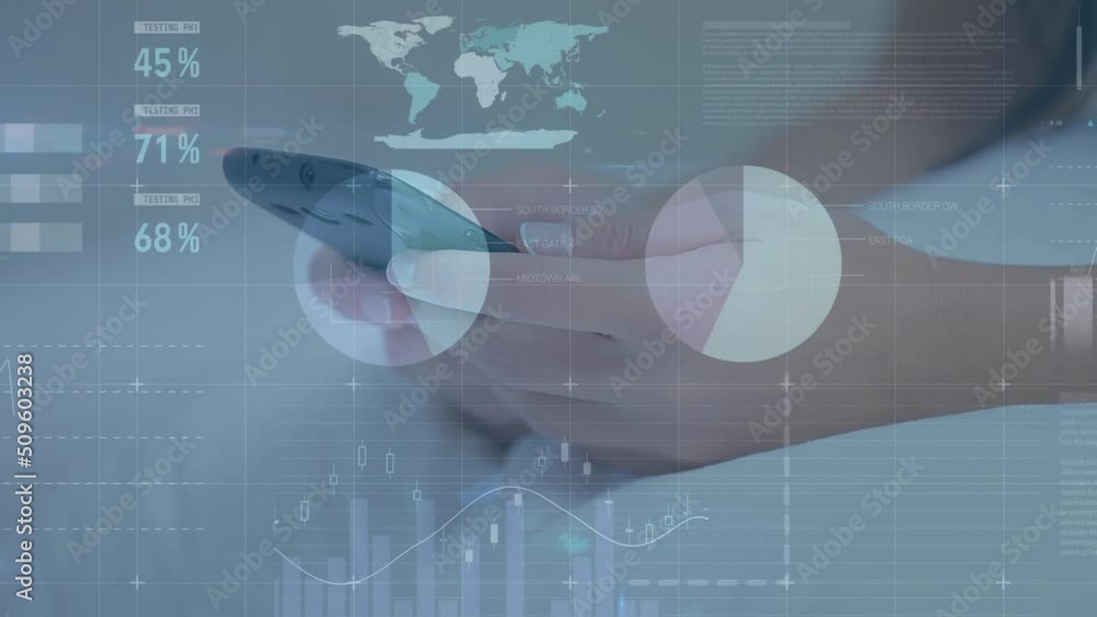 Poster Animation of financial data processing over person using smartphone
