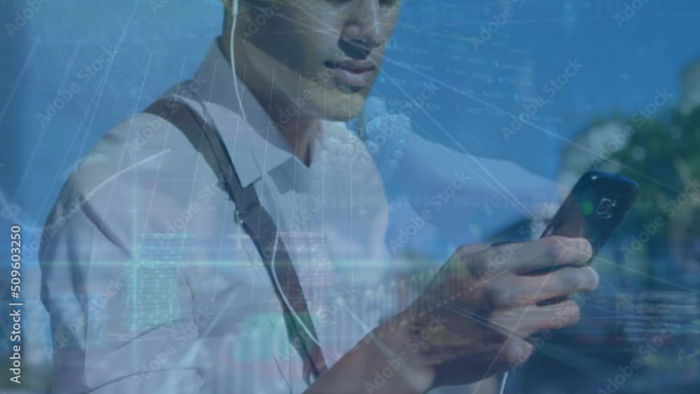 Poster animation of financial data processing over biracial men using smartphone