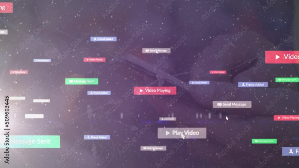 Poster animation of network of connections with icons over person using smartphone