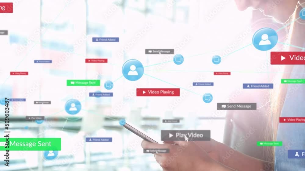 Poster animation of network of connections with icons over person using smartphone