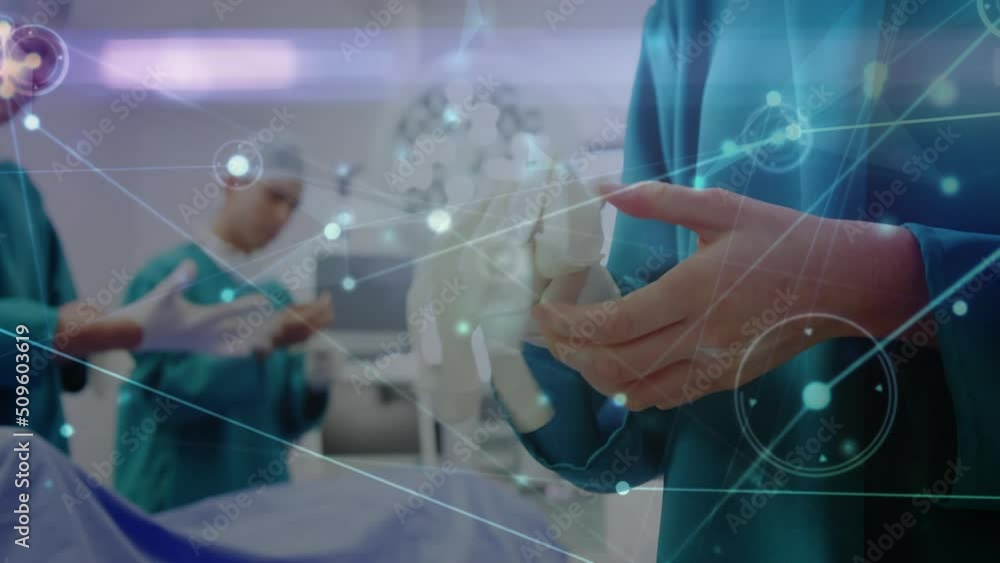 Poster animation of network of connections over two caucasian surgeons in operating theater