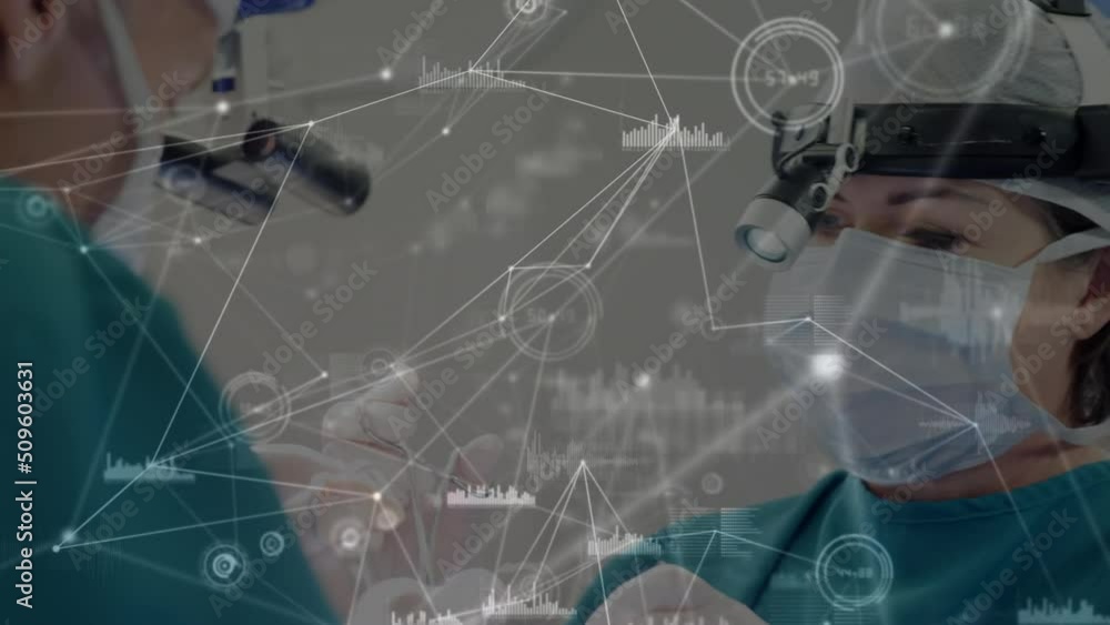 Poster animation of network of connections over two caucasian surgeons in operating theater