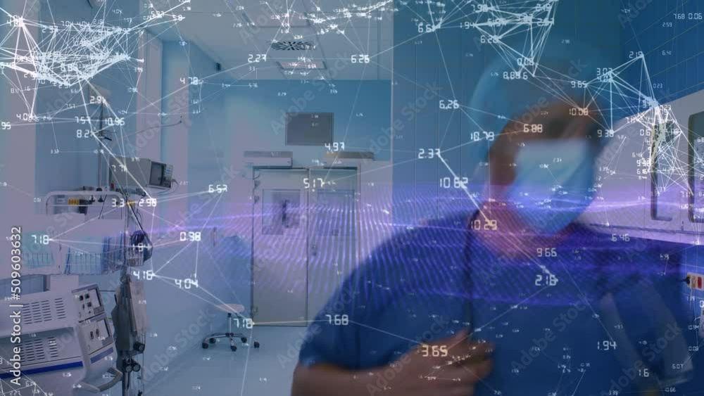 Poster animation of network of connections over two caucasian surgeons in operating theater