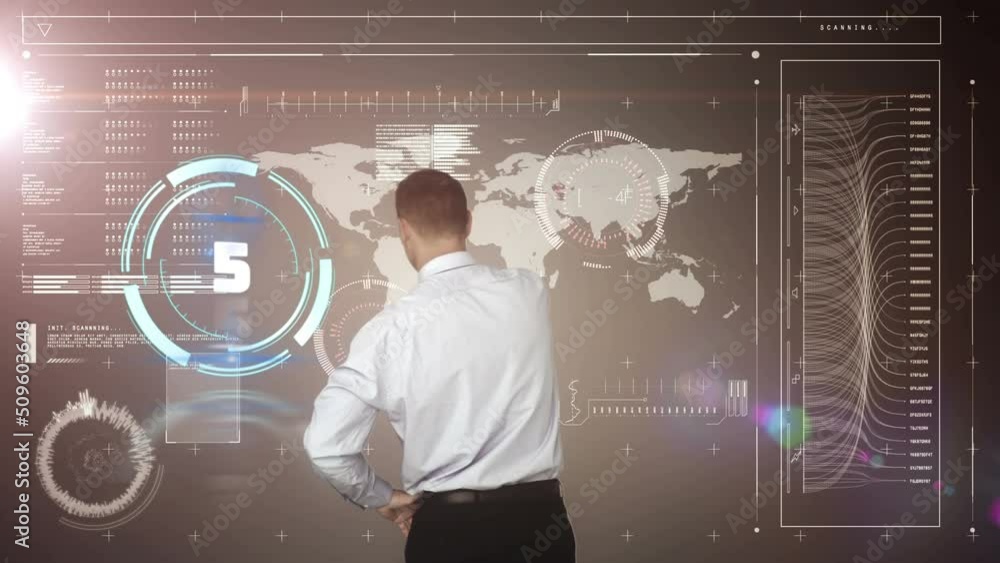 Poster animation of digital interface with clock over businessman