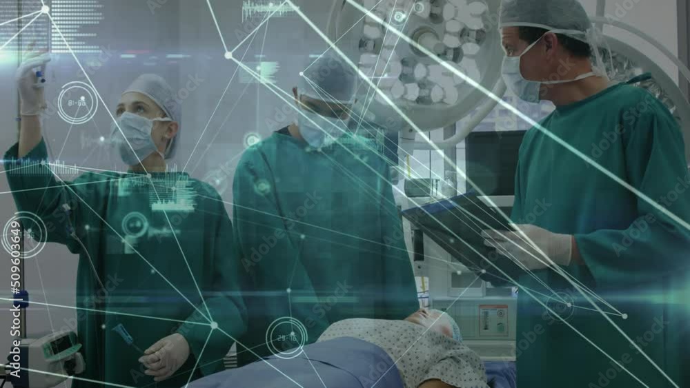 Wall mural Animation of network of connections over two caucasian surgeons in operating theater