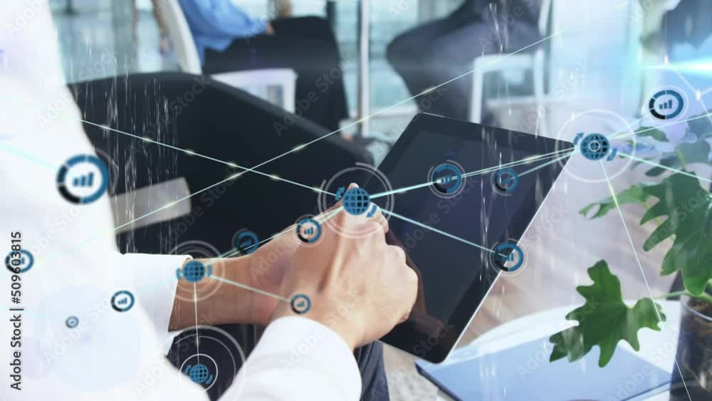 Poster animation of network of connections over person using tablet