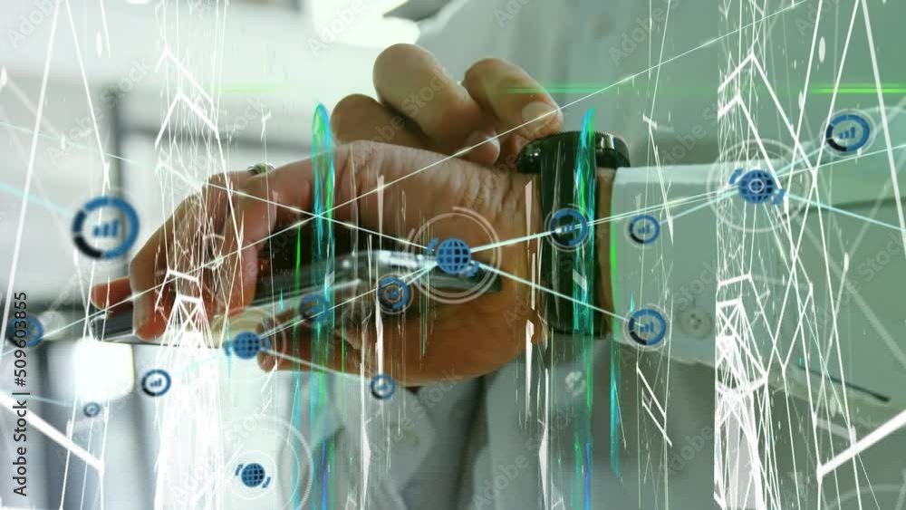 Poster animation of network of connections over person using smartphone