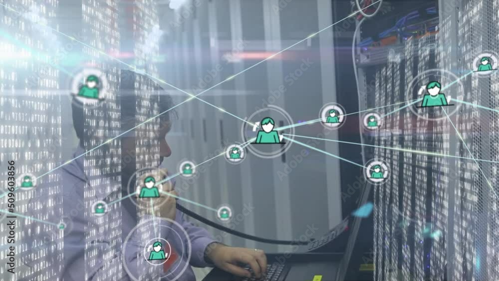 Poster animation of network of connections with icons over caucasian men using telephone