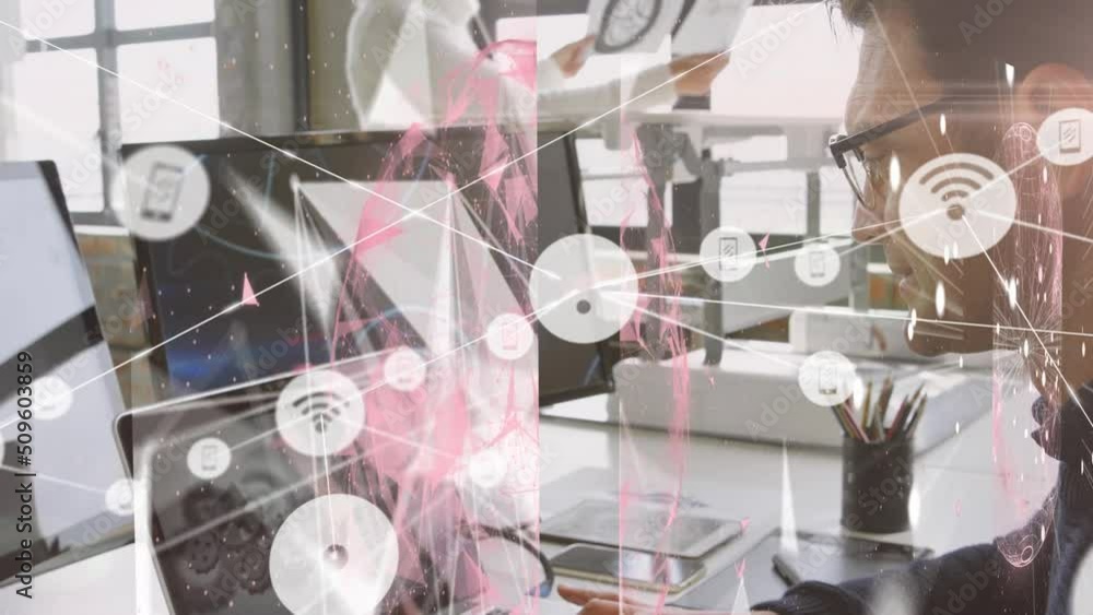 Poster animation of network of connections with icons over caucasian men using technology