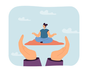 Huge hands holding woman in lotus pose in yoga mat. Girl meditating or practicing yoga flat vector illustration. Health, wellness, relaxation concept for banner, website design or landing web page - obrazy, fototapety, plakaty