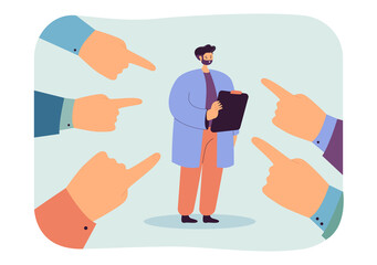 Tiny doctor or scientist surrounded by pointing fingers. Person standing with document on clipboard flat vector illustration. Attention, science concept for banner, website design or landing web page