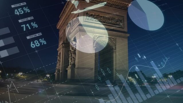 Animation of financial data processing over triumphal arch