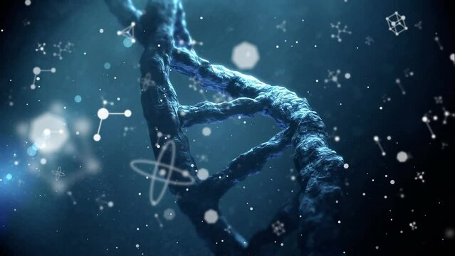 Animation of falling dots over spinning dna strand on dark background