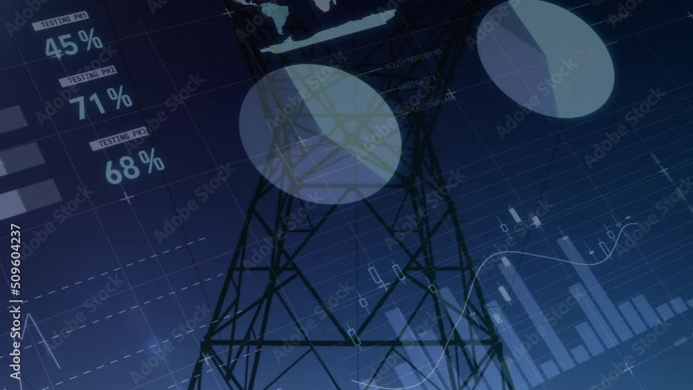 Poster animation of financial data processing over high voltage lines