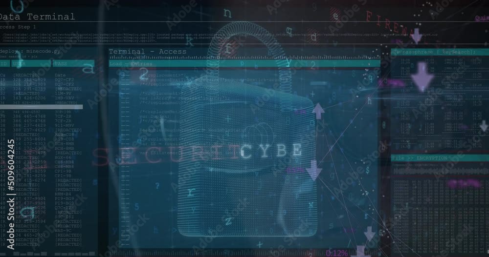 Poster animation of data processing, cyber attack and digital padlock over black background