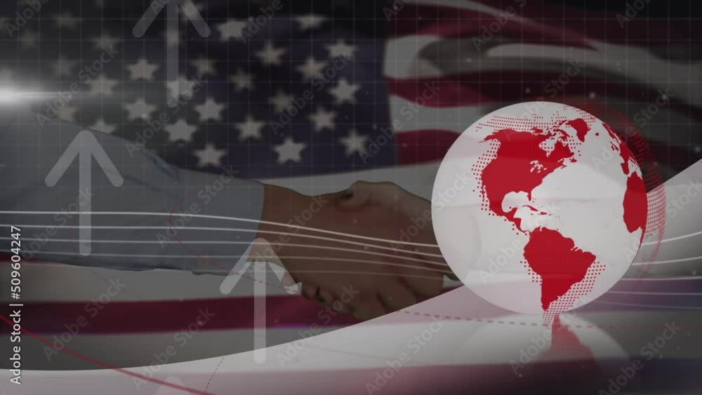 Wall mural animation of spinning globe and usa flag over people shaking hands