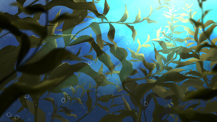 背景イラスト_海藻,海底,アオリ © inika