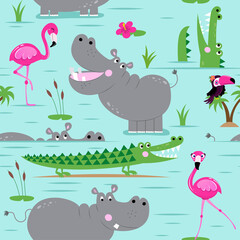 Hippopotamus pattern design with flamingos and crocodiles - funny hand drawn doodle, seamless pattern. Lettering poster or t-shirt textile graphic design. Wallpaper, wrapping paper, background.