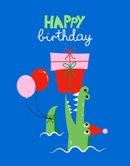 Happy Birthday - funny hand drawn doodle, cartoon crocodile. Good for Poster or t-shirt textile graphic design. Vector hand drawn illustration. Crocodile Birthday Party.
